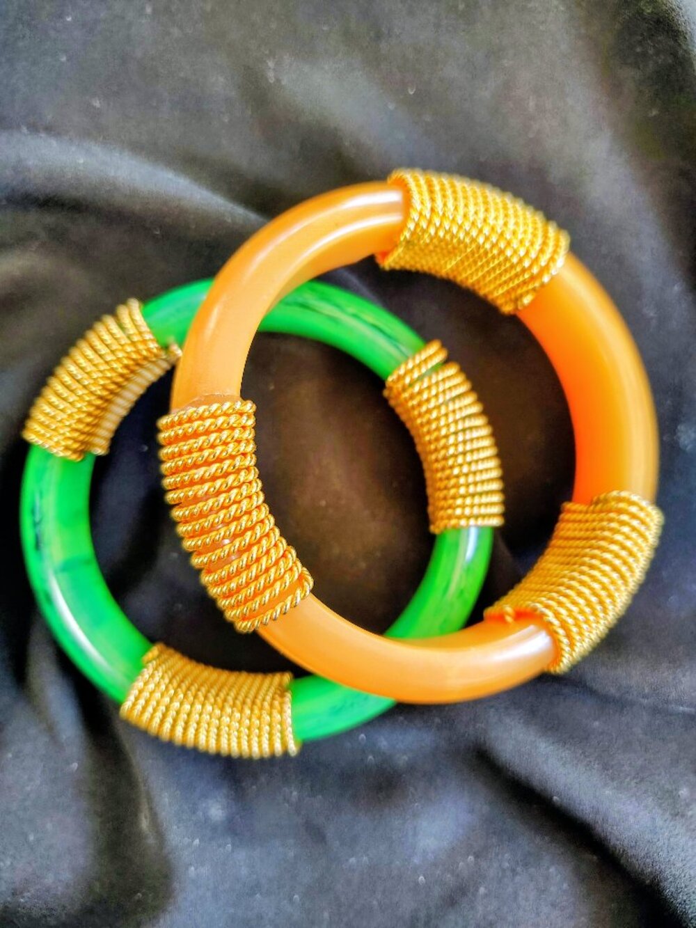 Vintage Pair of Lucite Statement Bangles Faux Jade & Honey Resin with Gold-Tone